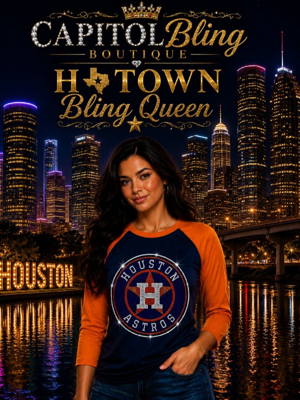💎 Houston Bling Queen Rhinestone Raglan Tee | Navy & Orange 3/4 Sleeve Baseball